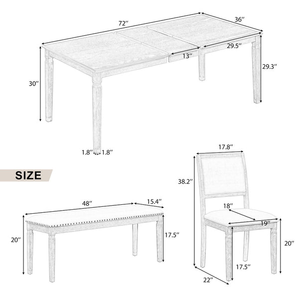 English Elm Trexm Rustic Farmhouse Extendable Dining Set Six Piece with Bench Distressed Wood Beige,Natural Wood Wash ST000151AAD