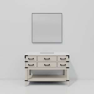 English Elm White Oak Single Bath Vanity Set With White Quartz Top, 46-Inch Mirror, And Ample Storage Solutions B2731S01526-GIGA