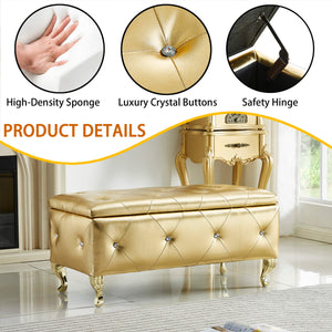 English Elm Upholstered Gold Faux Leather Storage Ottoman Bench with Crystal Buttons, Metal Legs, Safety Hinge, 38.6" L W2268P291485