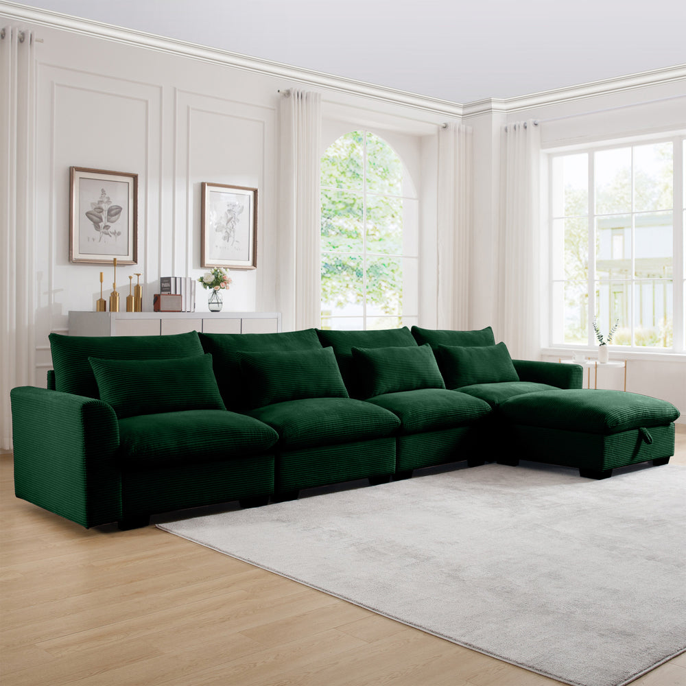 English Elm Large L Shape Sectional Corduroy Sofa with Deep Seats, Storage Ottoman, Ergonomic Support, Modular Comfort for Living Room Green W714S00673