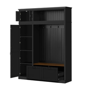 English Elm 3-in-1 Entryway Hall Tree with Cabinet Hooks Bench Drawers and Adjustable Shelving Black SJ000160AAB