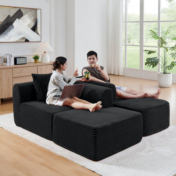 English Elm 114" Cloud Sectional Couch with L-Shape Chaise Modular Corduroy Sofa with Movable Ottoman, No Assembly Required, Plush Comfort for Living Spaces Black W1117P371650