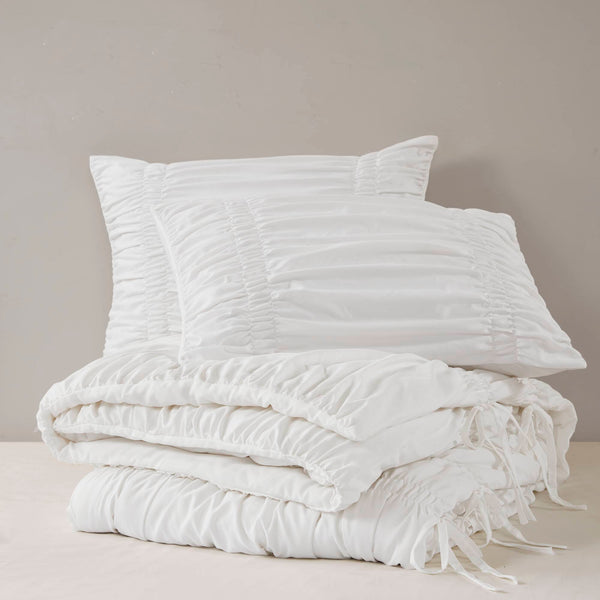 JLA Home 510 Design - Comforter Ruched French Country Charm with Bow-Tie Accents, Brushed Microfiber, OEKO-TEX Certified Cozy White 5DS10-0307