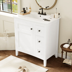English Elm 30 Inch Bathroom Vanity with Ceramic Sink and 3 Smooth-Glide Drawers, Modern Moisture-Resistant Storage White N710P252105K