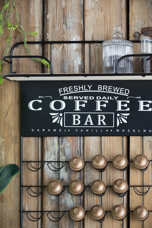 English Elm 22.8x5.5x28.7" Wall-Mount Coffee Bar Shelf — 18 K-Cup Slots, 4 Hooks, Black Storage Shelf for Countertop Essentials W2078P223138