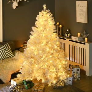 English Elm HOMCOM 6ft Prelit White Artificial Christmas Tree with 638-859 Branches, 220-250 Warm White LEDs, Auto-Open, Flame-Retardant Décor W2225P217081