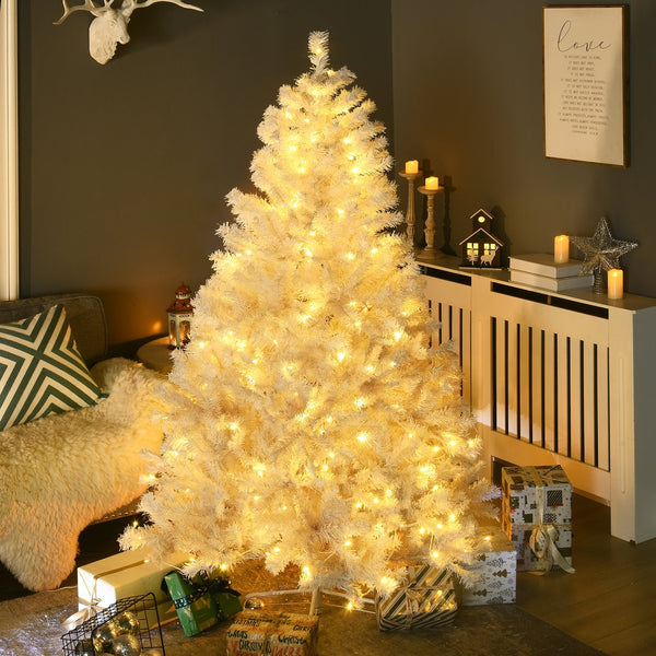 English Elm HOMCOM 6ft Prelit White Artificial Christmas Tree with 638-859 Branches, 220-250 Warm White LEDs, Auto-Open, Flame-Retardant Décor W2225P217081