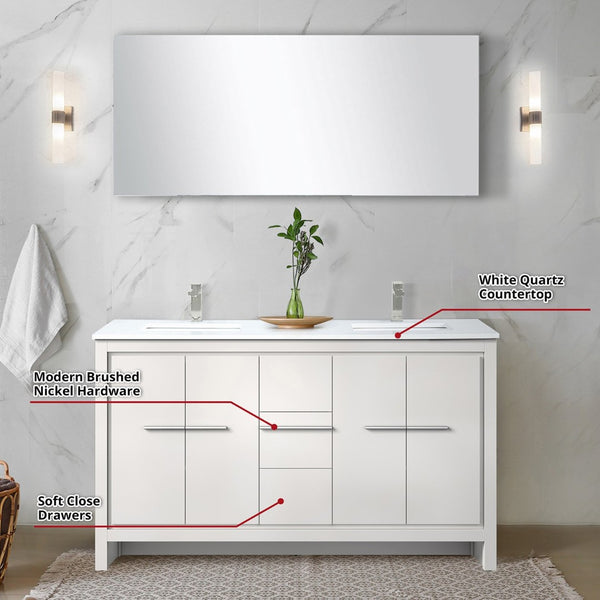 English Elm White Double Bath Vanity Set With Quartz Top, Brushed Nickel Faucet & 55" Mirror For Modern Spaces B2731S01734-GIGA