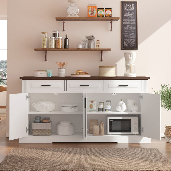 English Elm 63" Fluted Mdf Sideboard with Wood Tone Top Four Doors Three Drawers Dining Storage White W2917S00011