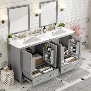 English Elm 60" Grey Bathroom Vanity Set with Double Sinks, Solid Wood, Soft-Close Doors, Divided Drawers & Storage Shelves for Spacious Modern Baths N729P000001E