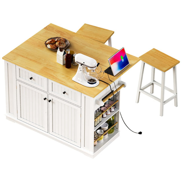 English Elm 48 Inch Rolling Kitchen Island Drop Leaf Prep Cart with Power Outlets and Open Shelving White N707S257057W