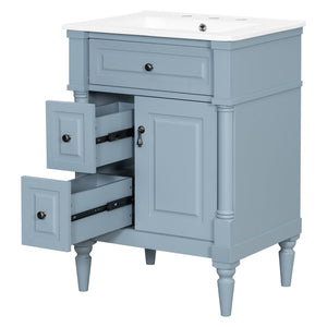 English Elm 24 Inch Freestanding Vanity with Ceramic Sink Rubberwood Frame Matte Finish Storage Blue+Grey N725P356058E