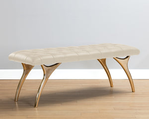 Sunpan Taylen Bench - Elegant Sculptural Design with Gold Aluminum Base and Genuine Leather Tufted Seat Cream Leather