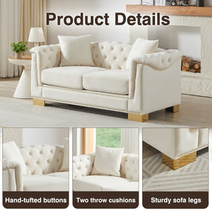 English Elm {video] Chesterfield Two-seater Velvet Sofa with Nailhead Trim and Tufted Gold Leg Luxury Beige W1926S00093