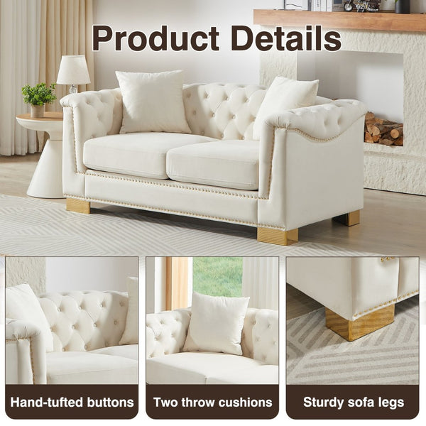 English Elm {video] Chesterfield Two-seater Velvet Sofa with Nailhead Trim and Tufted Gold Leg Luxury Beige W1926S00093