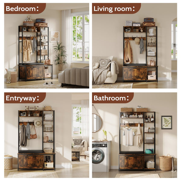 English Elm Hall Tree Entryway Organizer with Cushioned Bench Shoe Cabinet and Coat Hooks Brown+Black T5618P448217