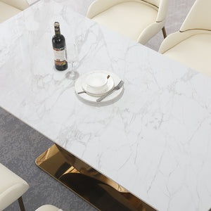 English Elm 71-Inch Gold Pedestal Dining Table with Carrara-Style Sintered Stone Top, Horseshoe Base, Easy Care W509104384