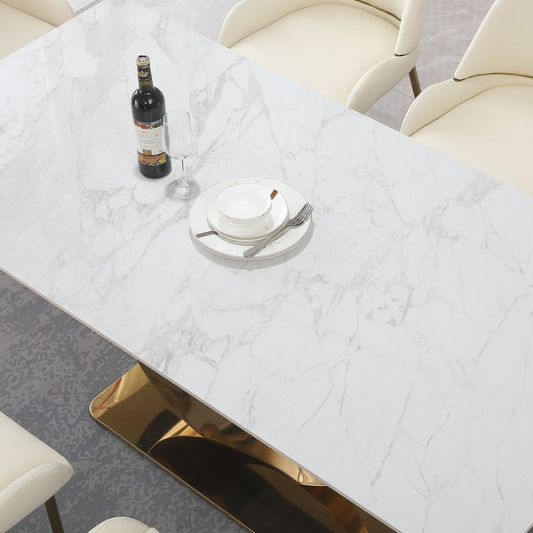 English Elm 71-Inch Gold Pedestal Dining Table with Carrara-Style Sintered Stone Top, Horseshoe Base, Easy Care W509104384