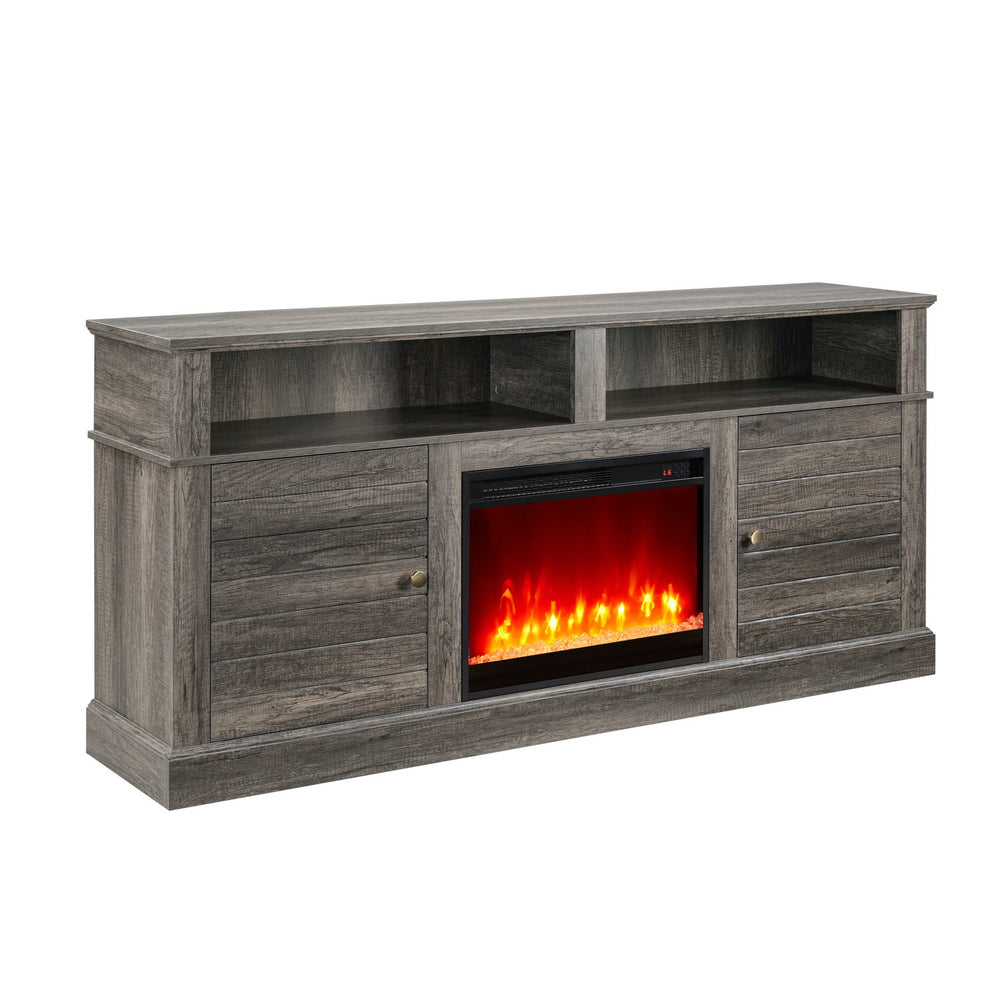 English Elm Terra 74" Gray Walnut Fireplace TV Stand Console with Heater, Flames, Cabinets & Shelves B061P352457