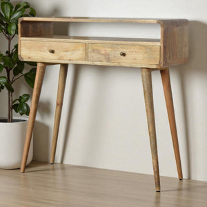 English Elm Curved Oak-Ish Console Table With Nordic Legs – Stylish 2-Drawer Storage For Modern Spaces B182P166497