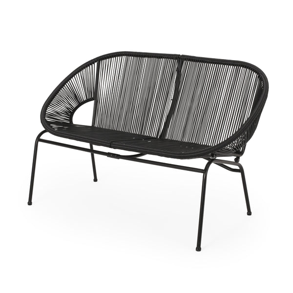 English Elm Christopher Knight Home® - CONDESSA Black Loveseat – Modern Hammock Weave Polyethylene Rattan on Matte Powder-Coated Iron Frame 67120.00BLK