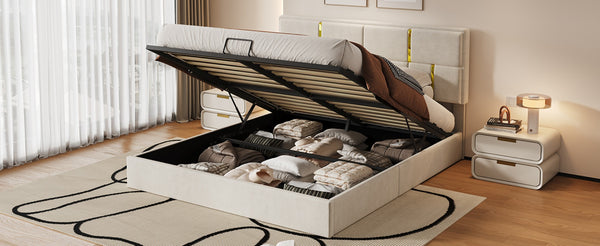 English Elm Queen Upholstered Storage Bed Gas Lift Platform with Gold Trim Pu Headboard N733S362241A