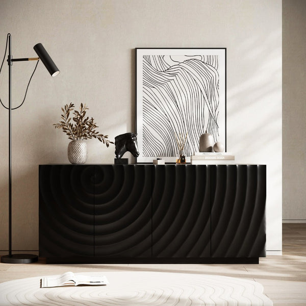 English Elm Buffet Sideboard with Wave Textured Doors Matte Black Sculptural Storage Cabinet W2263P353560