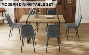 English Elm Table Set With 6 Upholstered Chairs - Modern Medieval Style, Rustic Industrial Mdf Dining Table W1151S04211-GIGA