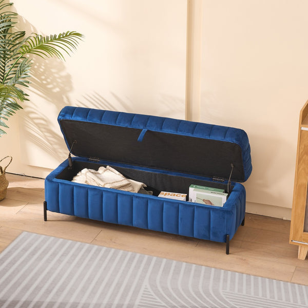 English Elm 49.21" Wide Velvet Upholstered Storage Bench with Lift Top and Slim Metal Legs Navy W3118P272644