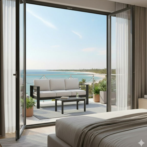 English Elm 2 Piece Outdoor Iron Patio Sofa Set with Thick Cushions and Wood Grain Coffee Table Black+ Gray B082P455117