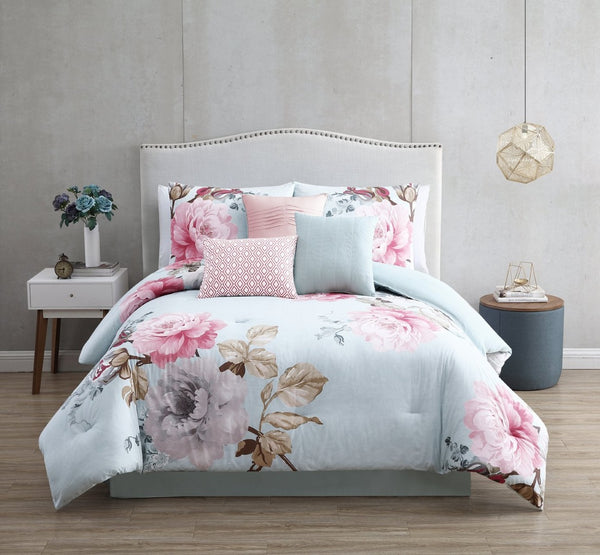 English Elm Ridgely Blush 7-Piece King Comforter Set - Elegant Floral Design, Soft Cotton & Reversible Finish B340P341958-GIGA