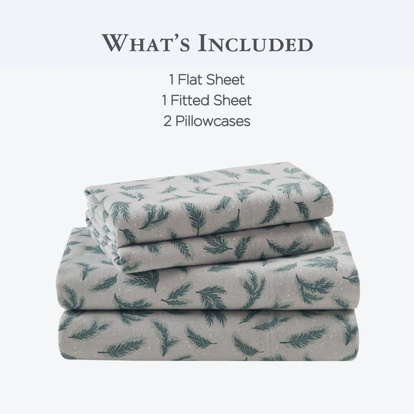 English Elm 4 Pieces King Cotton Flannel Sheet Set - Cozy Pine Branches Print For Luxurious Comfort & Style B035P381344