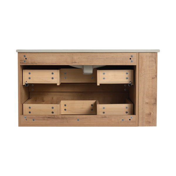 English Elm 36" Wall-Mounted Bathroom Vanity With Ceramic Sink, Dual Soft-Close Drawers & Side Rack Storage, Durable KD Packing W999S00344