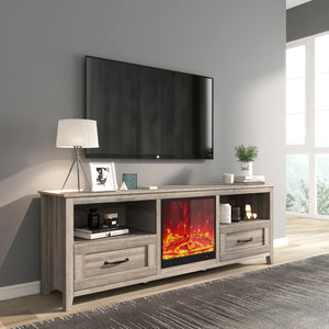 English Elm 70.08 Inch TV Stand Grey Walnut with 2 Drawers, 4 Open Compartments, 200lb Top, Fireplace Ready W881P233518