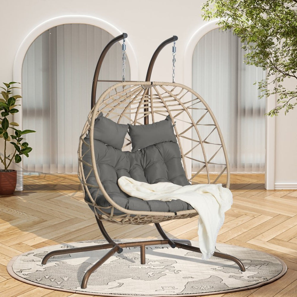 English Elm Double Hanging Wicker Egg Chair with Iron Stand Outdoor Uv Resistant 600 Lb Patio Swing W874P270566
