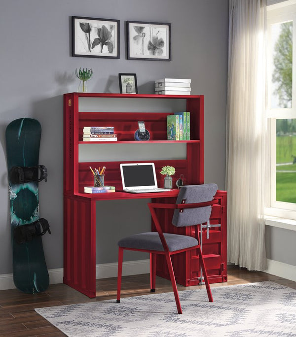English Elm Red Iron Writing Desk with Hutch — 1-Door Compact Workspace, Fixed Metal Shelf, Stylish Storage and Display B062P215482