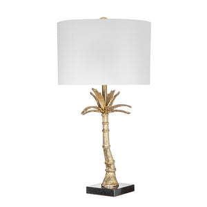English Elm D16x31" Gold Leaf Lamp with Marble Base and White Drum Shade — Modern Palm Accent for Tables, Mantels W2078S00018