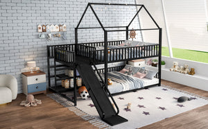 English Elm Full Metal House Bunk Bed with Slide Storage Stairs and Safety Rails for Kids W1580S00345