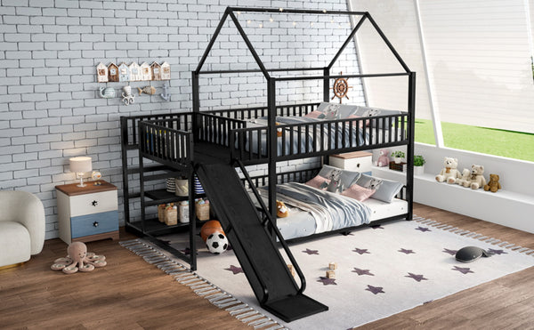 English Elm Full Metal House Bunk Bed with Slide Storage Stairs and Safety Rails for Kids W1580S00345