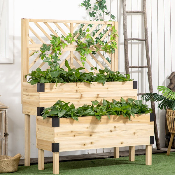 English Elm Outsunny Stylish 2-Tier Raised Garden Bed With Trellis - Elevated Wooden Planter For Vegetables & Herbs W2225P217247-GIGA