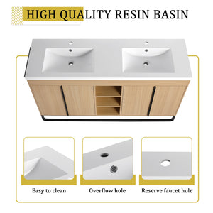 English Elm 60" Freestanding Bathroom Vanity with Dual Resin Sink, 4 Soft-Close Doors, 3 Open Shelves & Towel Hanger, Plywood Storage Boxes, Modern Durable Hardware W999S00480