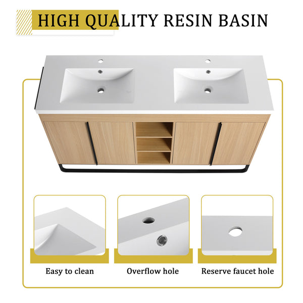 English Elm 60" Freestanding Bathroom Vanity with Dual Resin Sink, 4 Soft-Close Doors, 3 Open Shelves & Towel Hanger, Plywood Storage Boxes, Modern Durable Hardware W999S00480