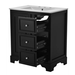 English Elm 30-inch bathroom vanity mirror cabinet set with ceramic sink, solid wood build, 3 drawers & shelves Black SV000028AAB