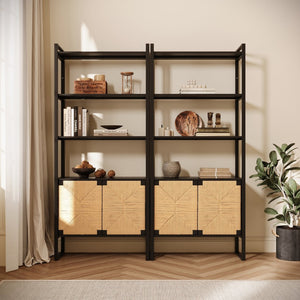 English Elm Natural Rattan Bookshelf with Matte Black Frame Open Display and Closed Storage Cabinet W2263P395493