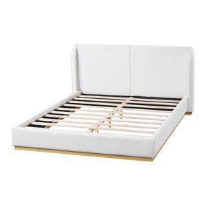 English Elm Modern Bouclé Upholstered Queen Bed Sculptural Winged Headboard Enclosed Wood Base N769Q376582W