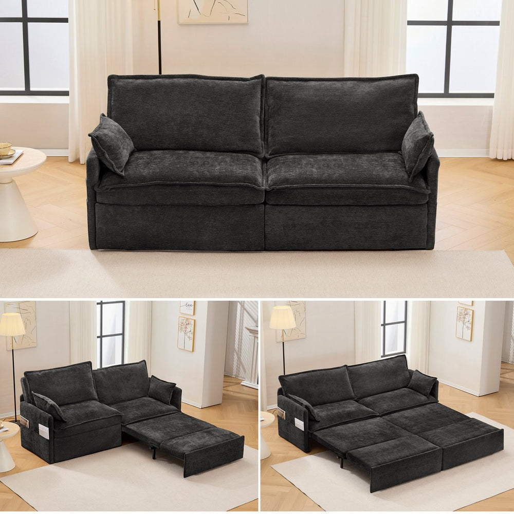 English Elm 73.6" Ergonomic 3-in-1 Sofa Bed with Chenille Comfort, L-Shape Convertible Sleeper, USB/Type-C Charging Black W2606P301329