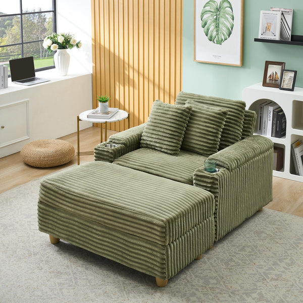 English Elm Green corduroy single sofa with ottoman storage, built-in armrest compartments, removable covers, 57"x41" W1658S00136