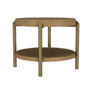 English Elm Round Two Tier Side Table with Rattan Shelf Aged Brass Legs for Living Room Sand B016P469322