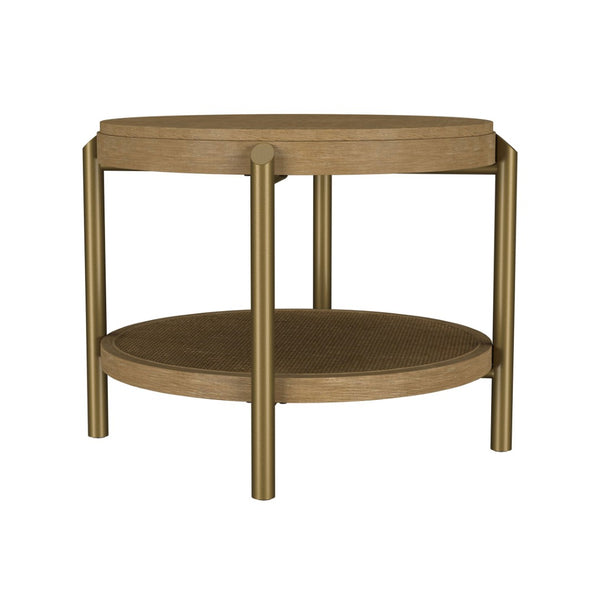 English Elm Round Two Tier Side Table with Rattan Shelf Aged Brass Legs for Living Room Sand B016P469322