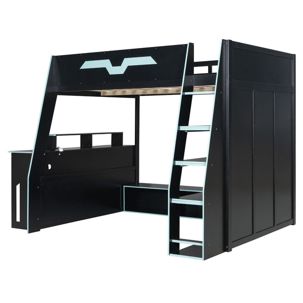 English Elm Full Size Wood Loft Bed with Rgb Lighting Desk and Multi-tier Shelves for Gaming Blue LT000374AAC